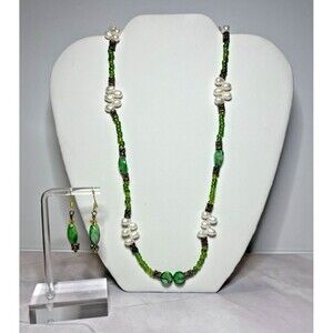 Natural Freshwater Pearls & Green Glass Beads Necklace & Earring Set, (0118)